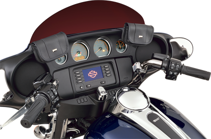 Show Chrome windshield pouch for FLH Harley-Davidson engine, black chrome finish, durable storage accessory by Bill's Exhausts.