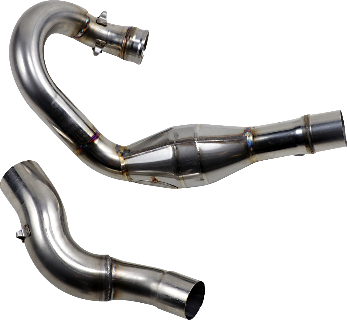 In-stock FMF MegaBomb header exhaust for KTM FE 350 models 2017-2019, by Bill's Exhausts, showing the metallic header pipe.