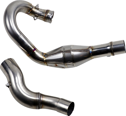 In-stock FMF MegaBomb header exhaust for KTM FE 350 models 2017-2019, by Bill's Exhausts, showing the metallic header pipe.
