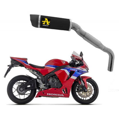 Dark aluminum Arrow Indy Race exhaust for Honda CBR600RR 2024-2025, mounted on motorcycle with visible exhaust pipe.