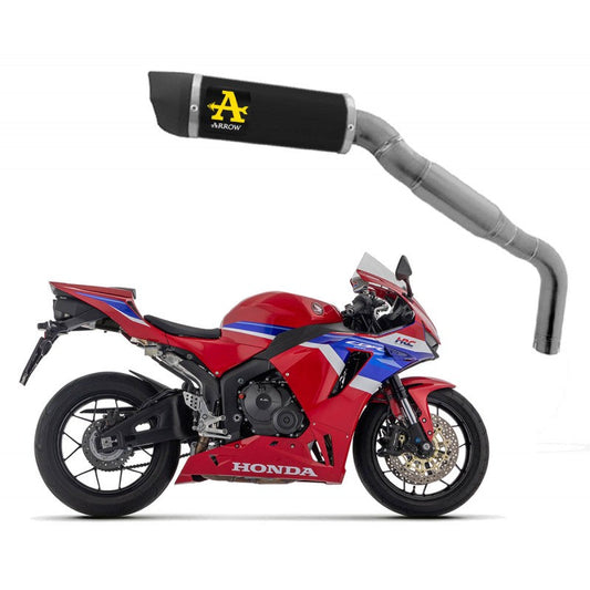 Dark aluminum Arrow Indy Race exhaust for Honda CBR600RR 2024-2025, mounted on motorcycle with visible exhaust pipe.
