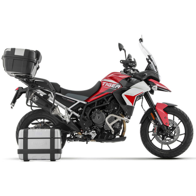Bill's Exhausts Arrow Veloce slip-on exhaust for Tiger 850 and 900 models, with sidebag compatibility, in stock.