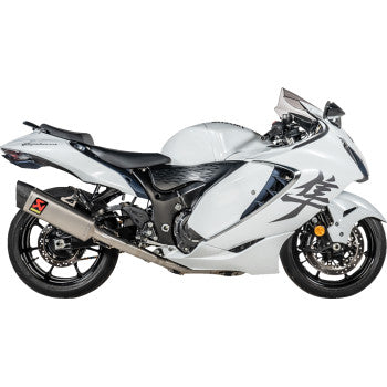 Titanium Akrapovic Racing Line exhaust system for Suzuki GSX 1300 R Hayabusa 2021-2025, shown installed on motorcycle.
