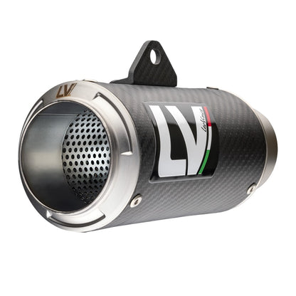 Leovince LV Corsa carbon fiber muffler for Ninja 400/500 exhaust system, in stock, compatible with 2018-2025 models.