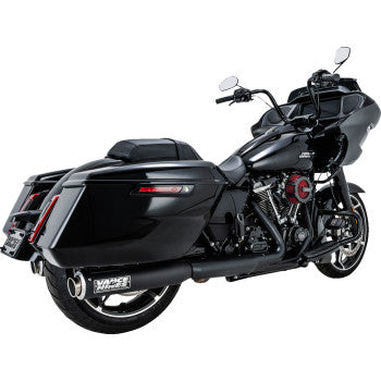 Black Vance & Hines Supersport Slip-On Mufflers for touring motorcycles, installed on a motorcycle exhaust system.