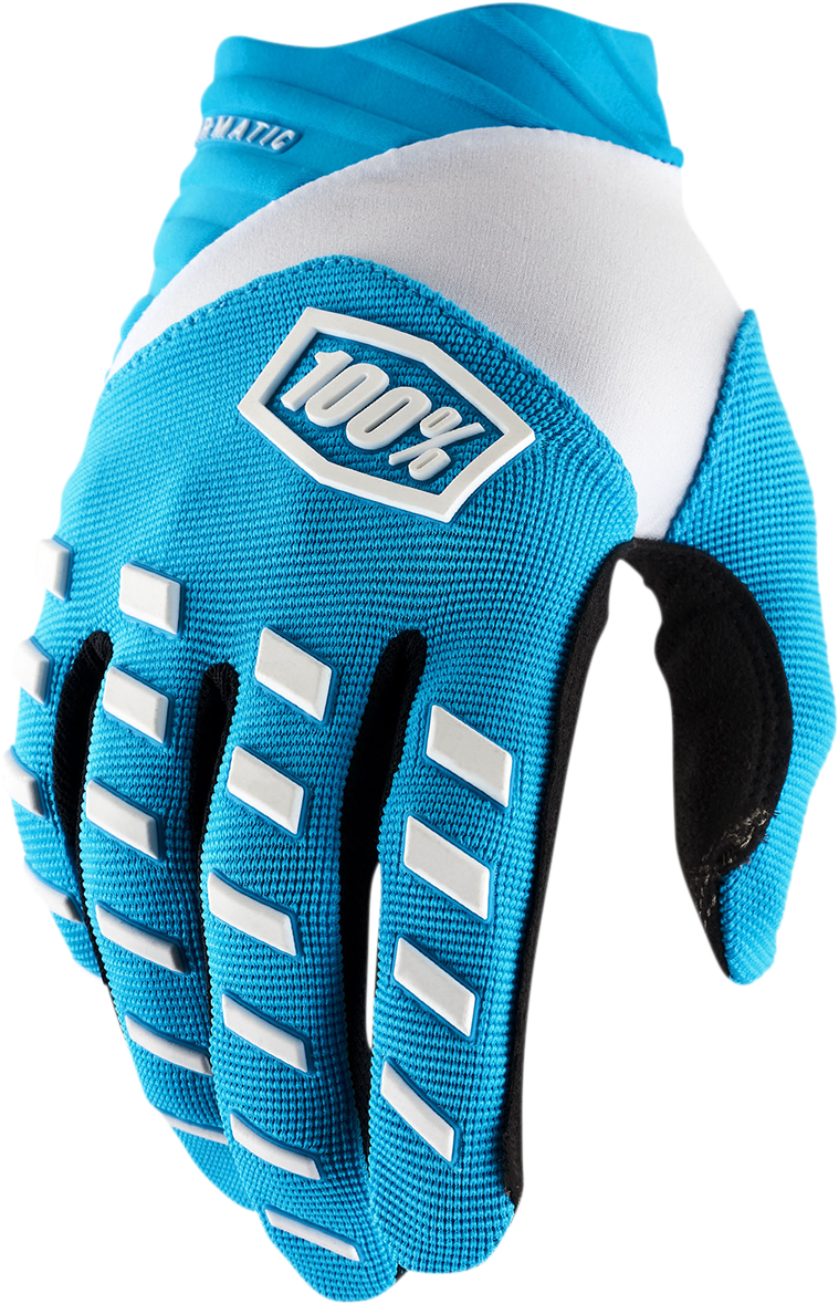 Blue 100% Airmatic gloves by Bill's Exhausts, small size, showing the textured fabric and snug fit for motorcycle riding.