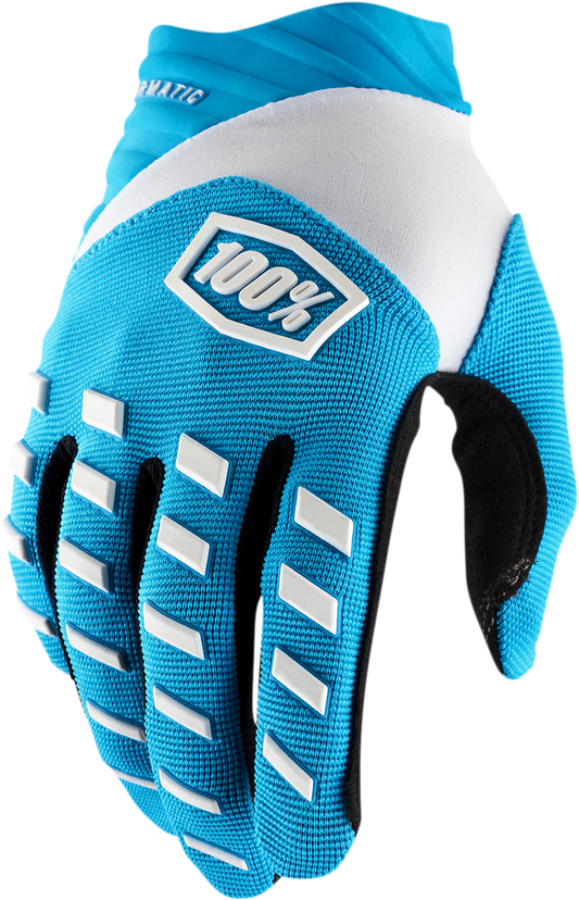 Blue 100% Airmatic gloves by Bill's Exhausts, small size, showing the textured fabric and snug fit for motorcycle riding.