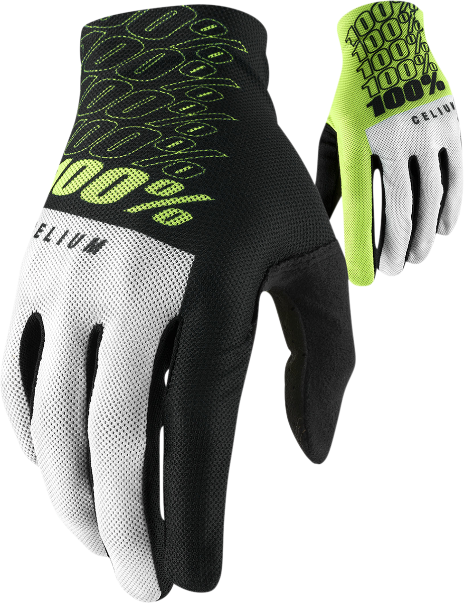 Bill's Exhausts 100% Celium Gloves in fluorescent yellow, medium size, showing flexible, lightweight gloves with textured grip surface.