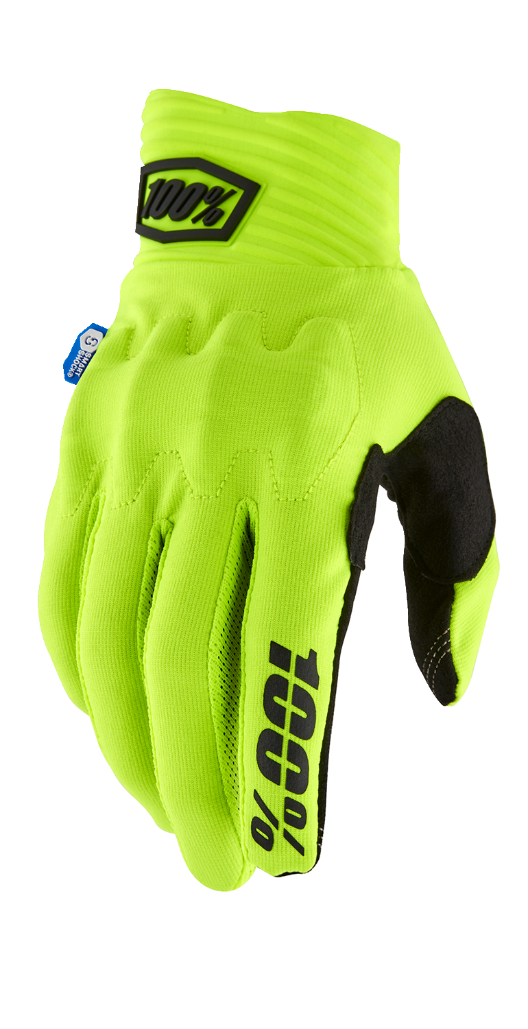 Bill's Exhausts 100% Cognito Smart Shock Gloves in fluorescent yellow, XL size, showing durable glove design and bright color.