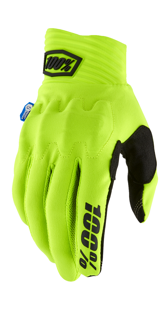 Bill's Exhausts 100% Cognito Smart Shock Gloves in fluorescent yellow, XL size, showing durable glove design and bright color.