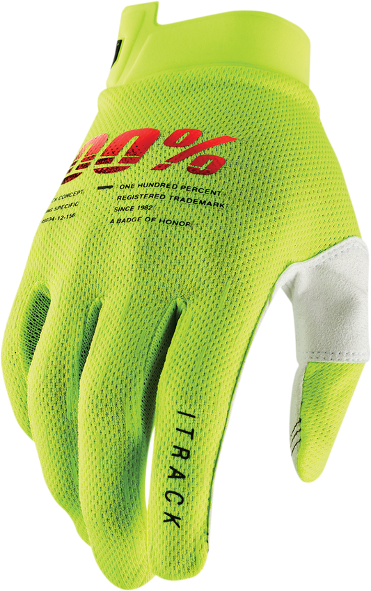 Bill's Exhausts 100% iTrack gloves in fluo yellow, small size, showing bright, lightweight gloves with textured grip for motorcycle riding.