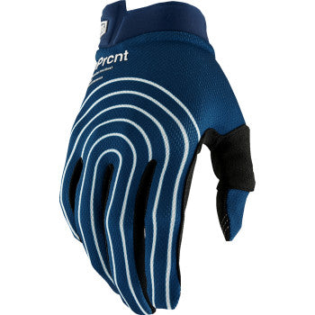 Bill's Exhausts 100% iTrack Gloves Rewind Navy Small, close-up view showing durable fabric and snug fit for motorcycle riding.
