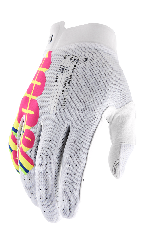 White iTrack Gloves by Bill's Exhausts, large size, showcasing durable, comfortable gloves for motorcycle or automotive use.