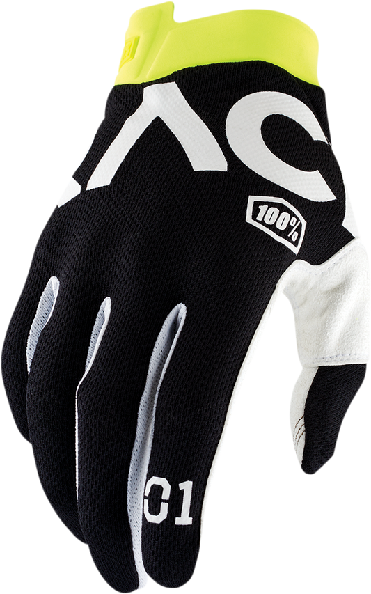 Black 100% Racr iTrack gloves in small size by Bill's Exhausts, featuring a snug fit and durable design for active wear.