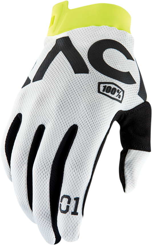White Racr iTrack gloves in small size by Bill's Exhausts, featuring a snug fit and durable material for riding comfort.