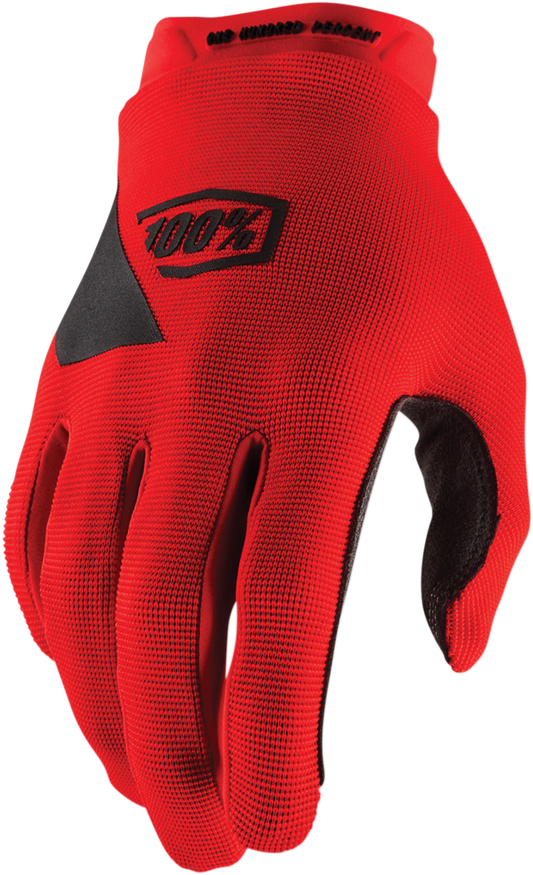 Red Ridecamp gloves by Bill's Exhausts in 2XL size, showing close-up of durable fabric and grip details.