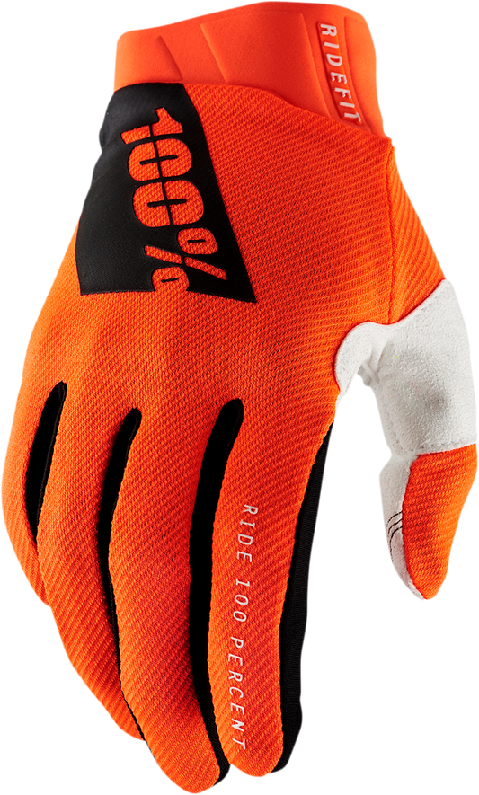 Bill's Exhausts Ridefit gloves in fluorescent orange, medium size, showing textured fabric and secure wrist closure.