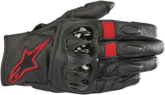 Alpinestars Celer V2 gloves in black and fluo red, size 2XL, featuring protective padding and textured grip for motorcycle riding.
