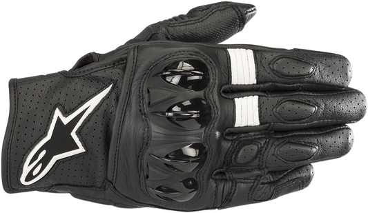 Alpinestars Celer V2 motorcycle gloves in black and white, small size, featuring protective knuckles and adjustable wrist closure.