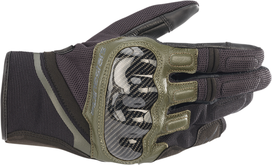 Alpinestars Chrome Gloves in black and forest green, medium size, featuring protective knuckles and adjustable wrist straps.