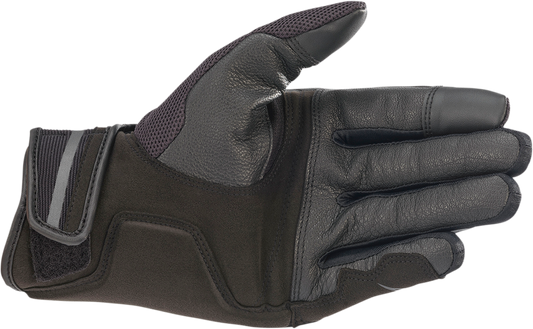 Alpinestars Chrome Gloves in black and tar gray, medium size, with protective knuckles and adjustable wrist strap.