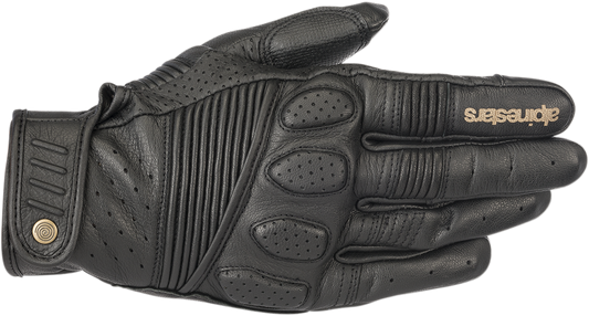 Alpinestars Crazy Eight black motorcycle gloves in medium size, featuring protective knuckles and adjustable wrist closure.