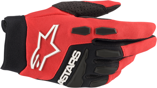Alpinestars Full Bore motorcycle gloves in bright red and black, size XL, with protective knuckles and adjustable wrist straps.