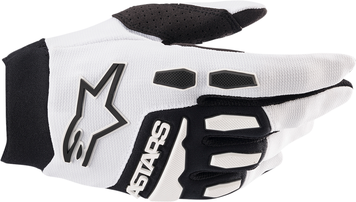 Alpinestars Full Bore Gloves in white and black, large size, showing the durable leather and protective design for motorcycle riding.