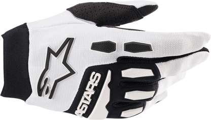 Alpinestars Full Bore Gloves in white and black, large size, showing the durable leather and protective design for motorcycle riding.