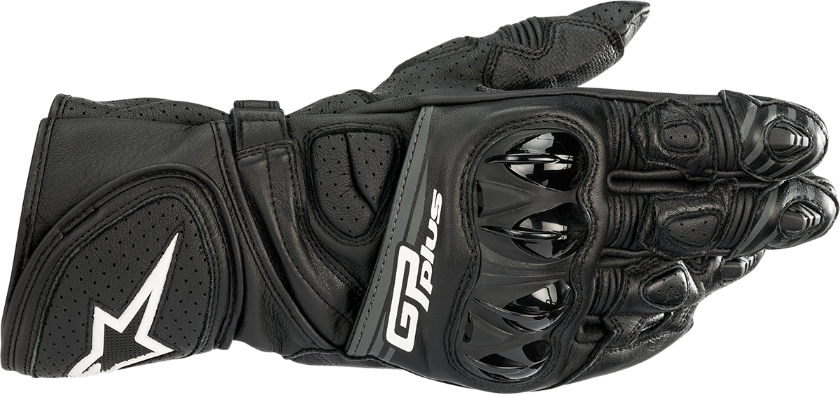 Black Alpinestars GP Plus R v2 gloves in 2XL size, featuring protective padding and sleek design for motorcycle riding.