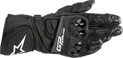 Alpinestars GP Plus R v2 motorcycle gloves in black, medium size, featuring protective armor and textured grip.