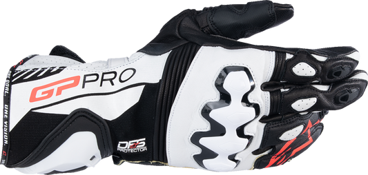 Alpinestars GP Pro R4 racing gloves in black and white, XL size, featuring protective padding and racing design.