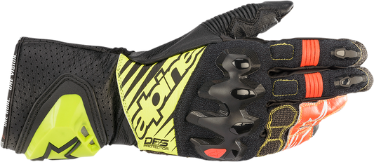 Alpinestars GP Tech v2 motorcycle gloves in black, fluo yellow, white, and red, size medium, with protective design.
