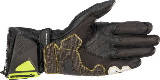 Alpinestars GP Tech V2 S motorcycle gloves in black, fluo yellow, white, and fluo red, size XL, with protective knuckles and grip details.
