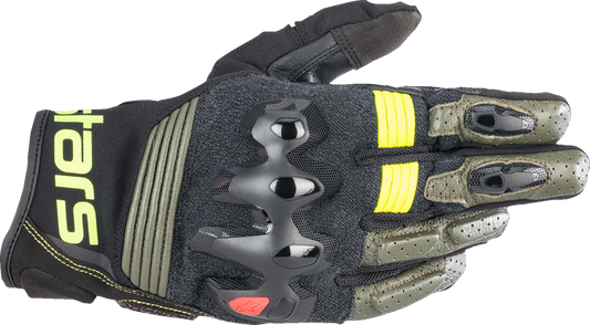 Alpinestars Halo Gloves in Forest Black and Fluo Yellow, XL size, featuring protective padding and adjustable wrist straps.
