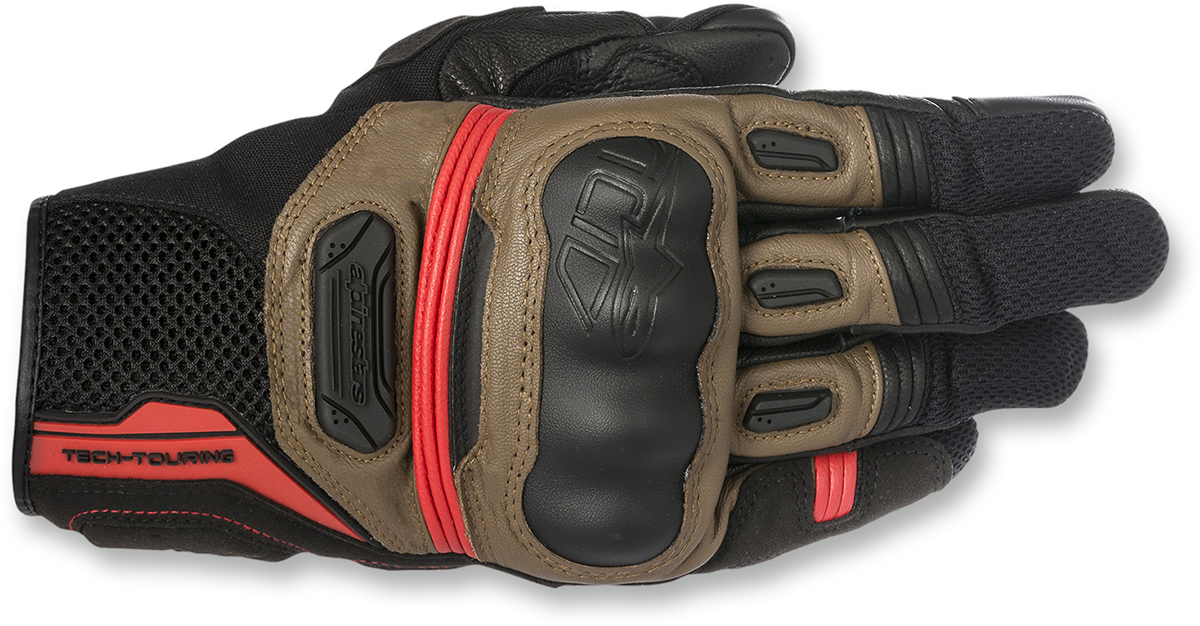Alpinestars Highlands Gloves in black, tobacco brown, and red, size XL, featuring durable leather and protective knuckles.