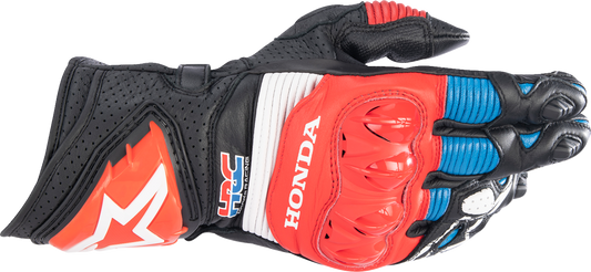 Alpinestars Honda GP Pro R3 motorcycle gloves in black, bright red, and blue, size 2XL, with protective knuckles and adjustable wrist straps.