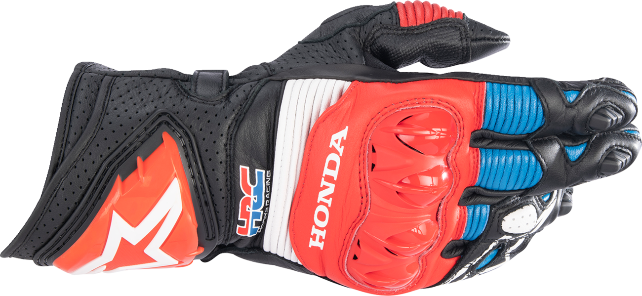 Alpinestars Honda GP Pro R3 motorcycle gloves in black, bright red, and blue with protective features, small size.