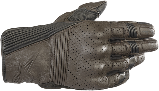 Alpinestars Mustang V2 motorcycle gloves in tobacco brown and black, small size, showing textured leather and protective knuckles.