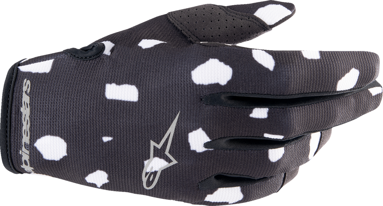Alpinestars Radar Gloves in black and white, size 2XL, featuring protective knuckles and adjustable wrist strap for motorcycle riding.