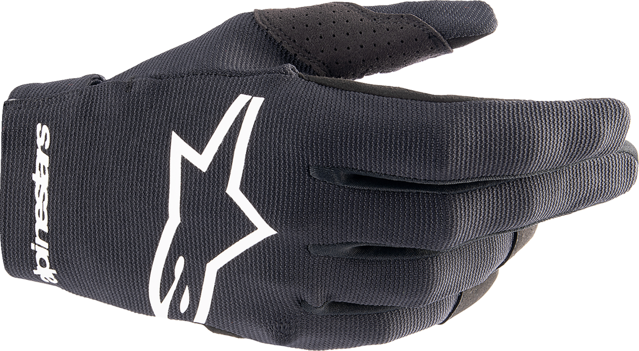 Alpinestars Radar gloves in black and white, small size, designed for motorcycle riding, with protective features and adjustable wrist closure.