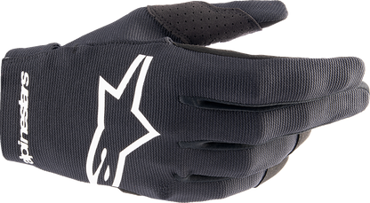 Alpinestars Radar gloves in black and white, small size, designed for motorcycle riding, with protective features and adjustable wrist closure.