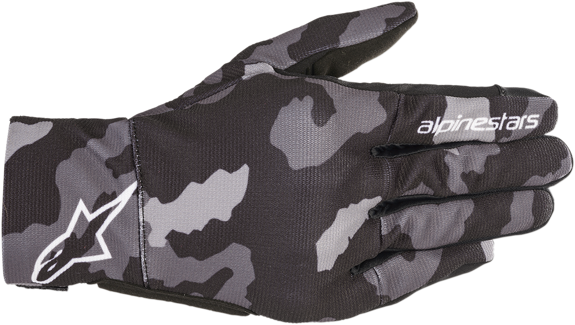Alpinestars Reef Gloves in black and camo gray, 2XL, with padded palms and adjustable wrist strap for motorcycling comfort.