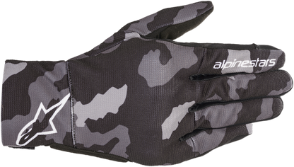 Alpinestars Reef Gloves in black and camo gray, 2XL, with padded palms and adjustable wrist strap for motorcycling comfort.