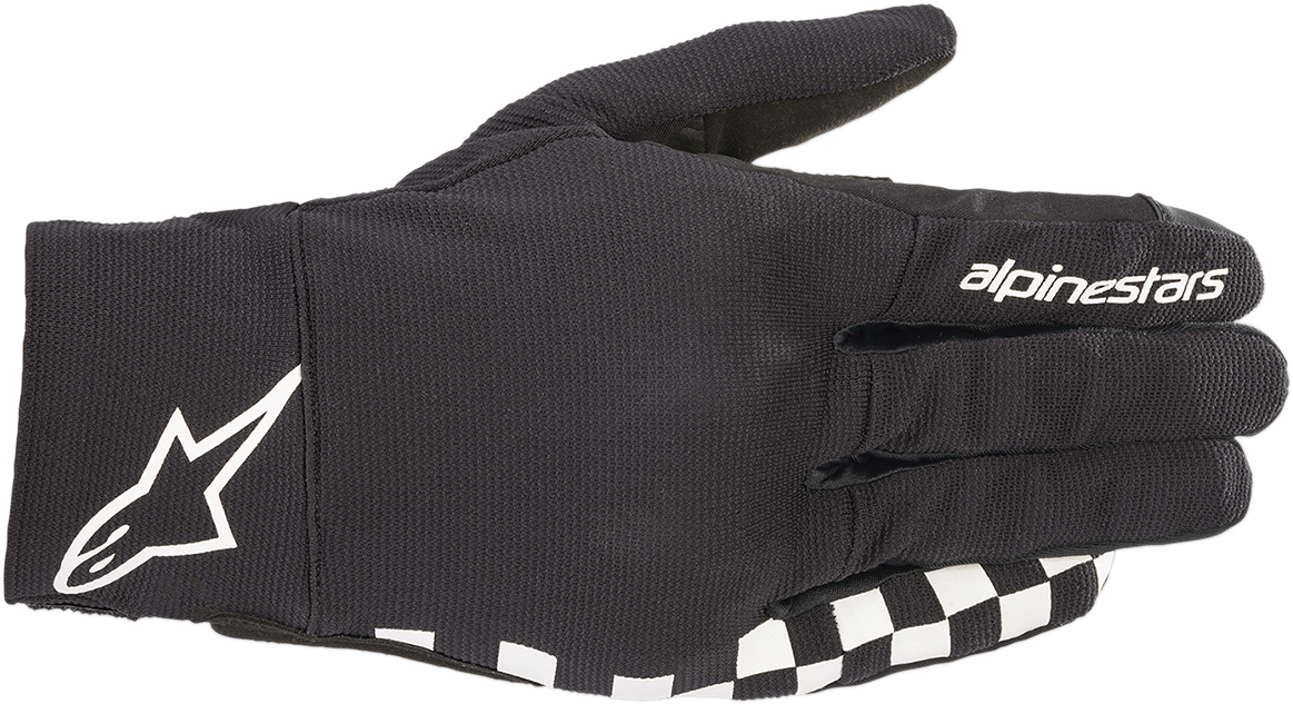 Alpinestars Reef Gloves in black and white, 3XL, featuring padded knuckles and adjustable wrist closures for motorcycle riding comfort