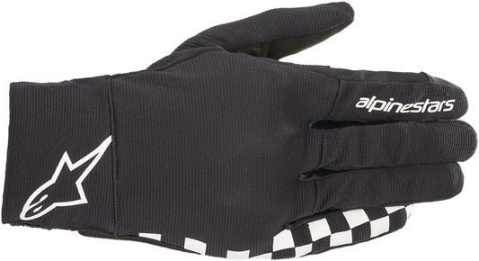 Alpinestars Reef Gloves in black and white, 3XL, featuring padded knuckles and adjustable wrist closures for motorcycle riding comfort