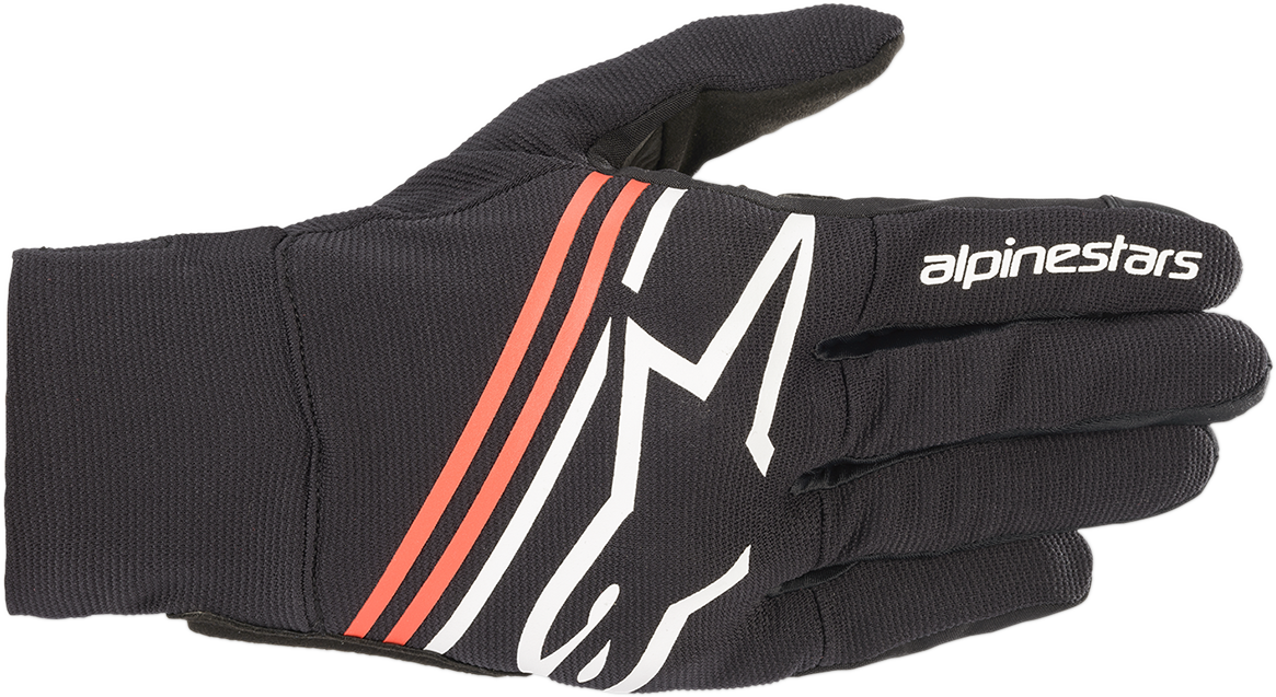 Alpinestars Reef Gloves in black, white, and fluo red for small size, featuring durable protective material for motorcycle riding.