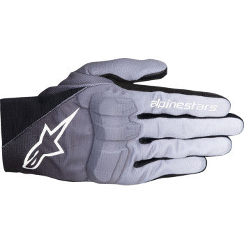 Alpinestars Reef V2 gloves in mid gray, black, and white, featuring protective knuckles and breathable fabric for motorcycle riding.