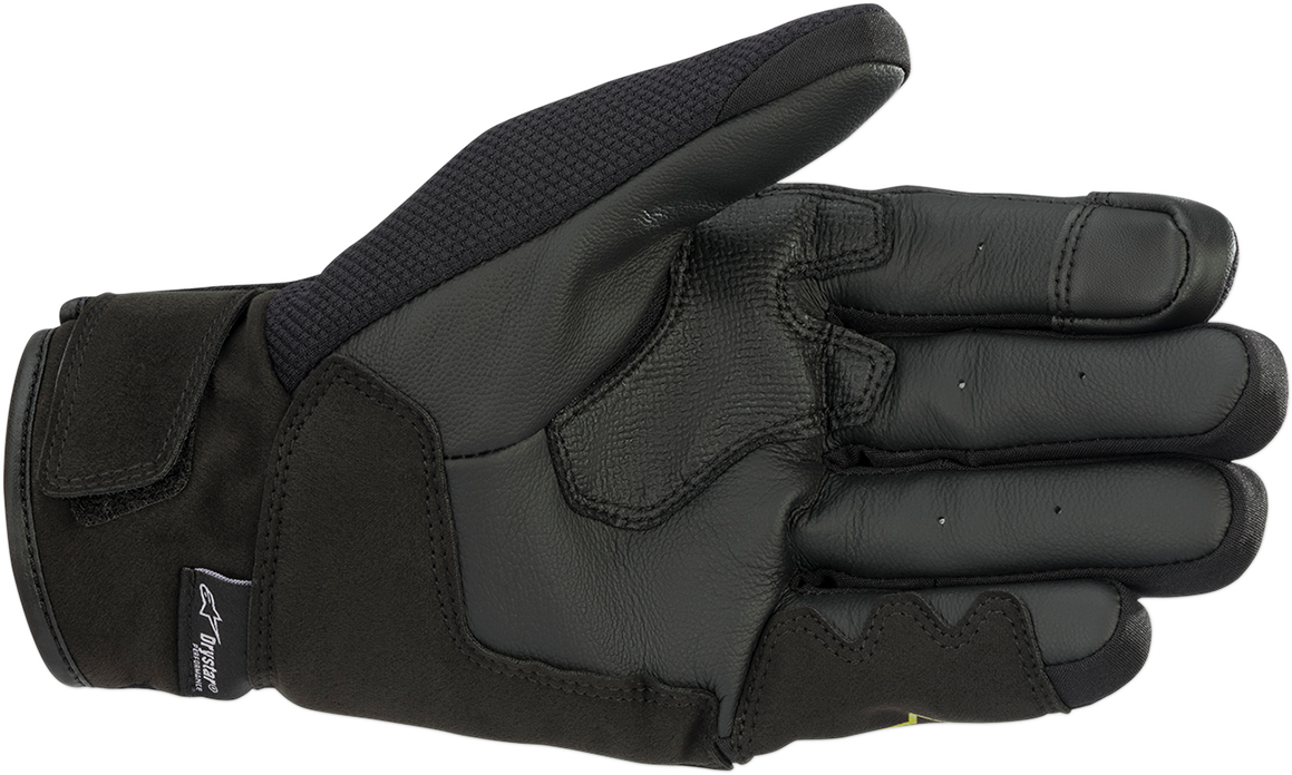 Alpinestars S-MAX Drystar® motorcycle gloves in black and fluo yellow, small size, featuring protective knuckles and adjustable cuffs.