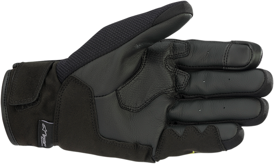 Alpinestars S-MAX Drystar® motorcycle gloves in black and fluo yellow, small size, featuring protective knuckles and adjustable cuffs.